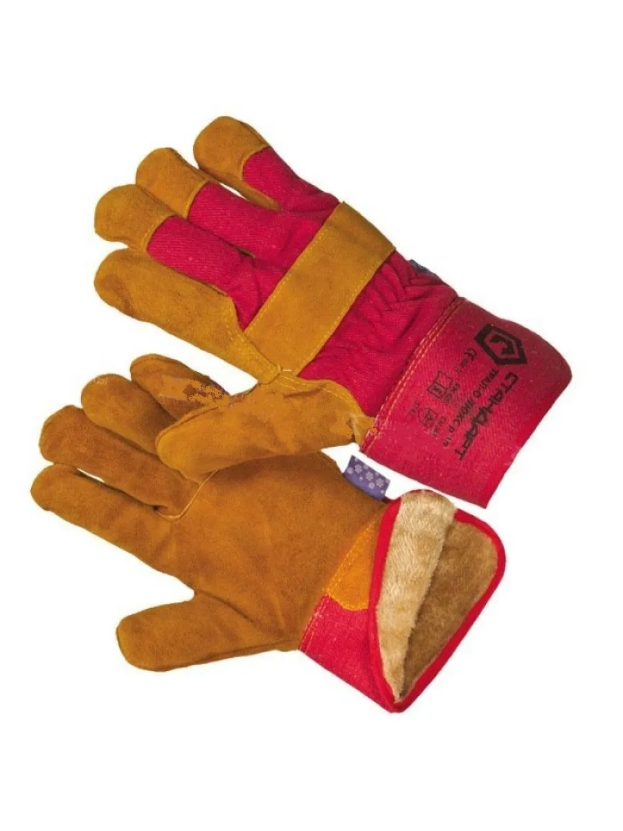 Перчатки спилковые комбинированные утепленные красно-желтые, мех мутон LASTING TOOLS